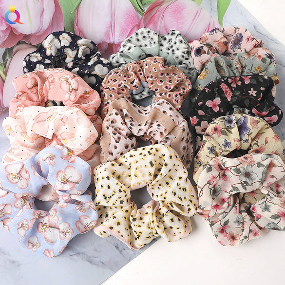 Handmade Printed Chiffon Floral Scrunchie Hair Tie With High Elasticity Fabric Ponytail Holder