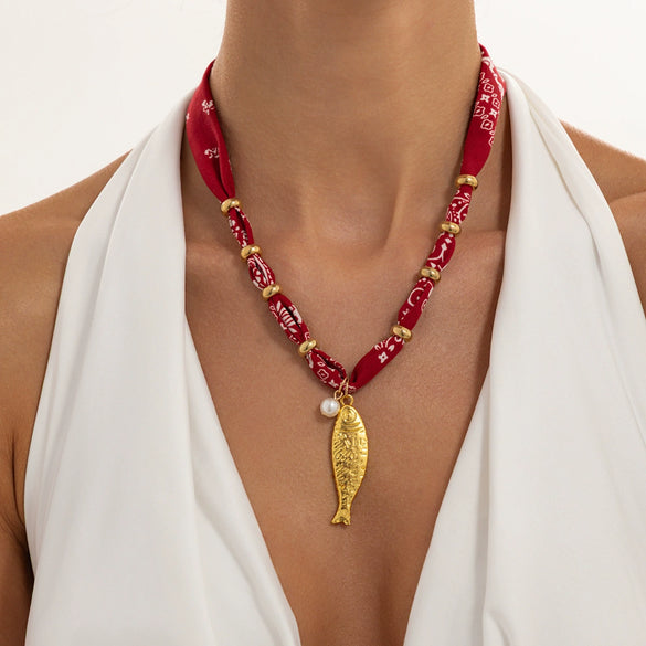 Handmade Printed Fabric Silk Scarf Necklace With Alloy Fish And Faux Pearl Pendant For Women