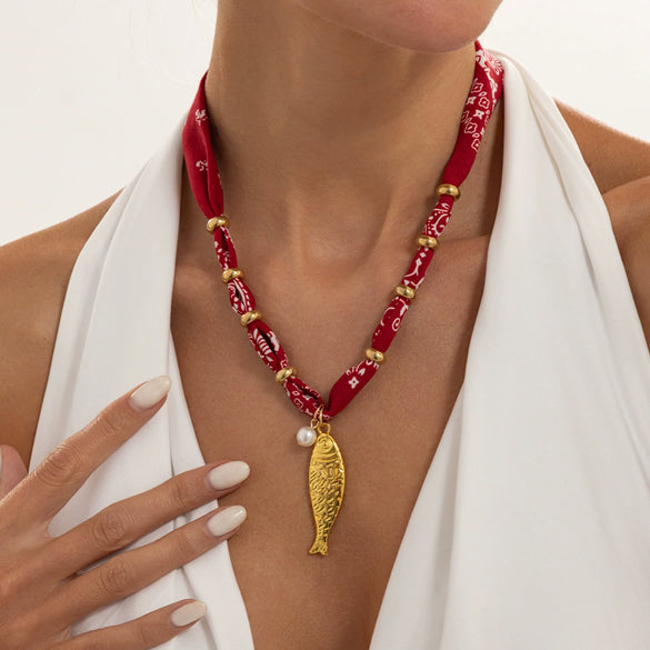 Handmade Printed Fabric Silk Scarf Necklace With Alloy Fish And Faux Pearl Pendant For Women
