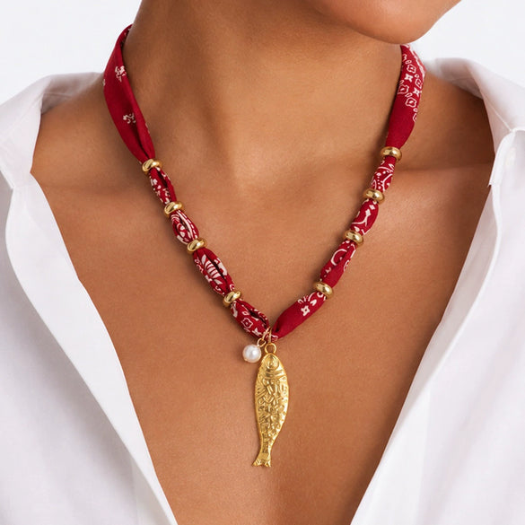 Handmade Printed Fabric Silk Scarf Necklace With Alloy Fish And Faux Pearl Pendant For Women