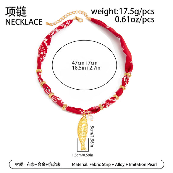 Handmade Printed Fabric Silk Scarf Necklace With Alloy Fish And Faux Pearl Pendant For Women