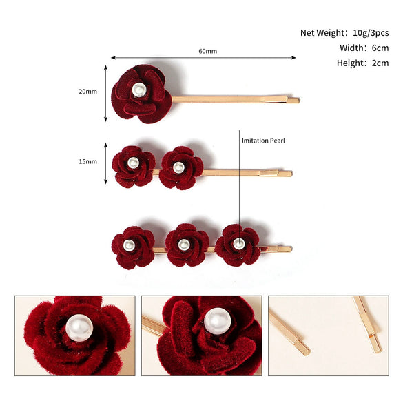 Handmade Red Rose Pearl Hair Clip For Women And Children Cloth Floral Side Barrette For Bangs Cute Retro Everyday Hair Accessory