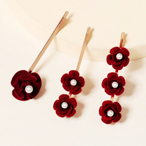 Handmade Red Rose Pearl Hair Clip For Women And Children Cloth Floral Side Barrette For Bangs Cute Retro Everyday Hair Accessory