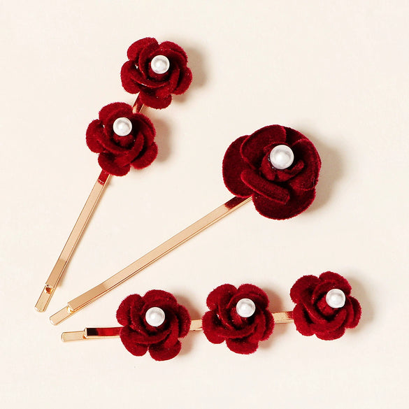 Handmade Red Rose Pearl Hair Clip For Women And Children Cloth Floral Side Barrette For Bangs Cute Retro Everyday Hair Accessory