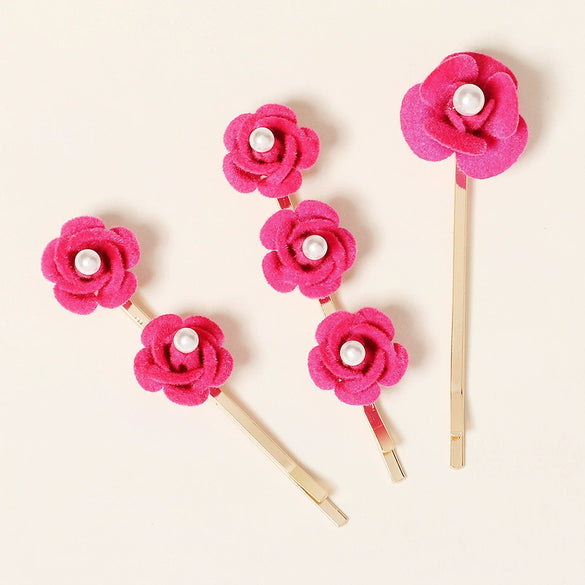 Handmade Red Rose Pearl Hair Clip For Women And Children Cloth Floral Side Barrette For Bangs Cute Retro Everyday Hair Accessory