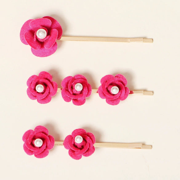 Handmade Red Rose Pearl Hair Clip For Women And Children Cloth Floral Side Barrette For Bangs Cute Retro Everyday Hair Accessory
