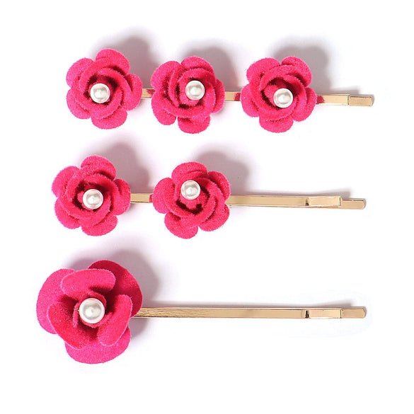 Handmade Red Rose Pearl Hair Clip For Women And Children Cloth Floral Side Barrette For Bangs Cute Retro Everyday Hair Accessory