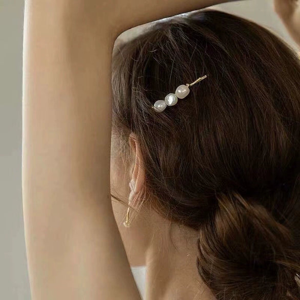 Handmade Retro Baroque Freshwater Pearl Side Hair Clip Elegant Geometric Zinc Alloy Hairpin For Women