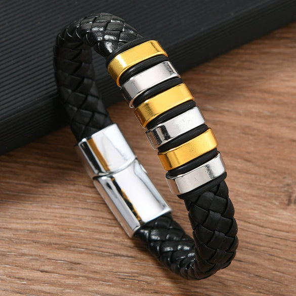 Handmade Retro Geometric Leather Alloy Magnetic Buckle Handwoven Bracelet For Men And Women