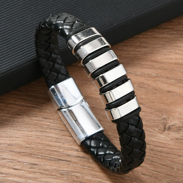 Handmade Retro Geometric Leather Alloy Magnetic Buckle Handwoven Bracelet For Men And Women
