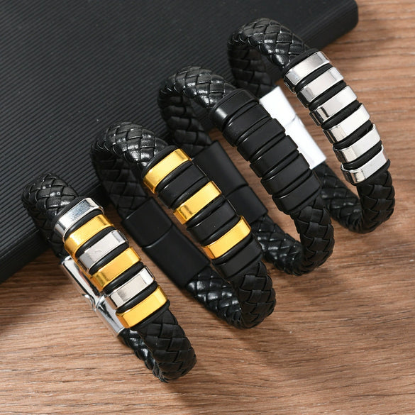 Handmade Retro Geometric Leather Alloy Magnetic Buckle Handwoven Bracelet For Men And Women