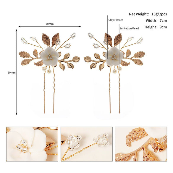 Handmade Retro Goldtone Alloy Ushaped Hairpin With Ceramic Flower And Pearl Accents For Bridal Hair Accessories