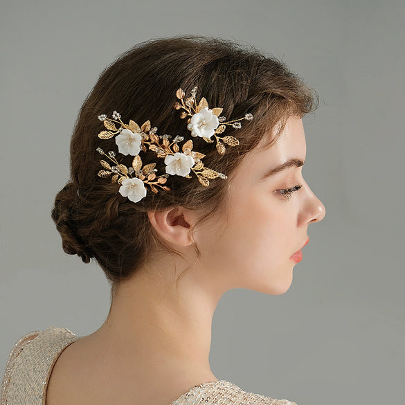 Handmade Retro Goldtone Alloy Ushaped Hairpin With Ceramic Flower And Pearl Accents For Bridal Hair Accessories