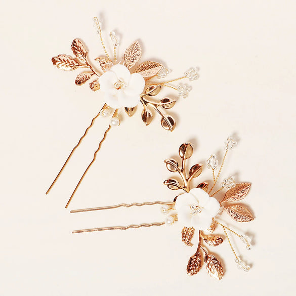 Handmade Retro Goldtone Alloy Ushaped Hairpin With Ceramic Flower And Pearl Accents For Bridal Hair Accessories