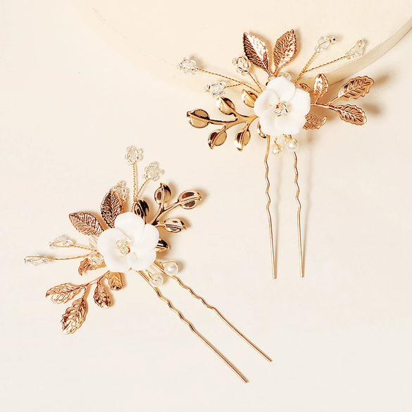 Handmade Retro Goldtone Alloy Ushaped Hairpin With Ceramic Flower And Pearl Accents For Bridal Hair Accessories