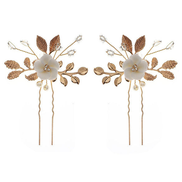 Handmade Retro Goldtone Alloy Ushaped Hairpin With Ceramic Flower And Pearl Accents For Bridal Hair Accessories