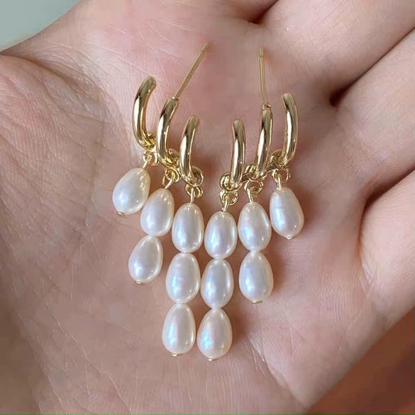 Handmade Retro Style Natural Freshwater Pearl Earrings 925 Silver Rice Shape And Droplet Shape