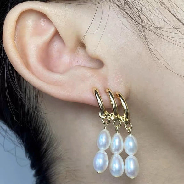 Handmade Retro Style Natural Freshwater Pearl Earrings 925 Silver Rice Shape And Droplet Shape