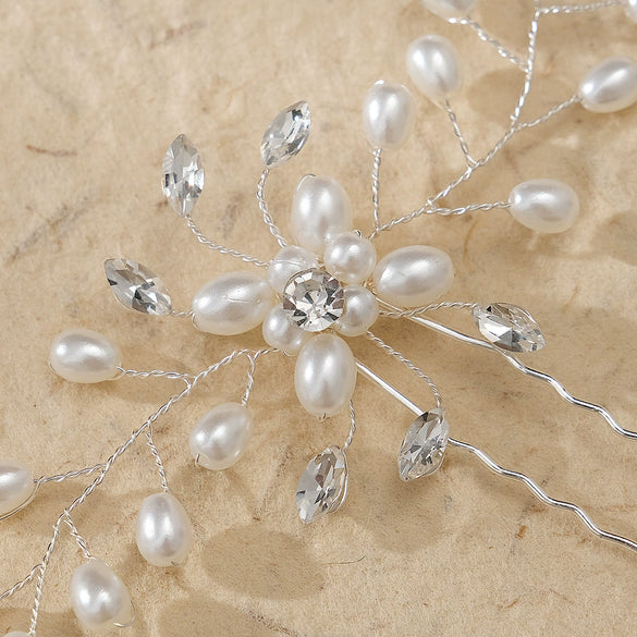 Handmade Rhinestone And Pearl Leaf U Shaped Hair Pin Bridal Wedding Hair Accessory