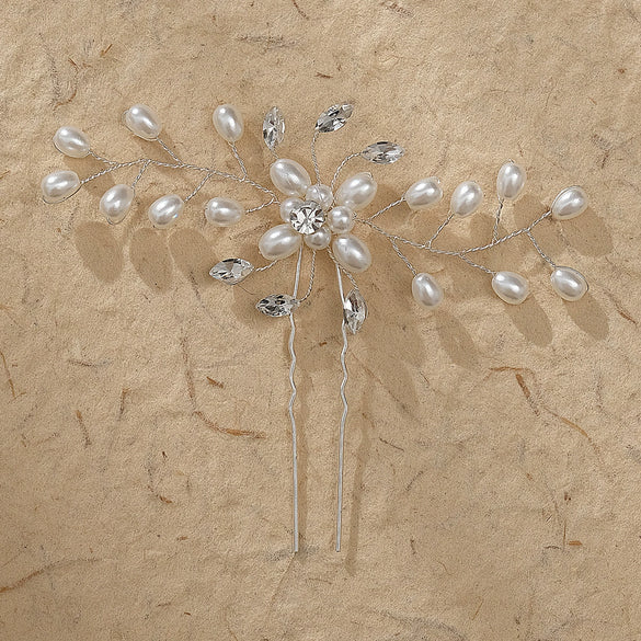 Handmade Rhinestone And Pearl Leaf U Shaped Hair Pin Bridal Wedding Hair Accessory