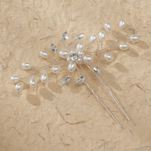 Handmade Rhinestone And Pearl Leaf U Shaped Hair Pin Bridal Wedding Hair Accessory