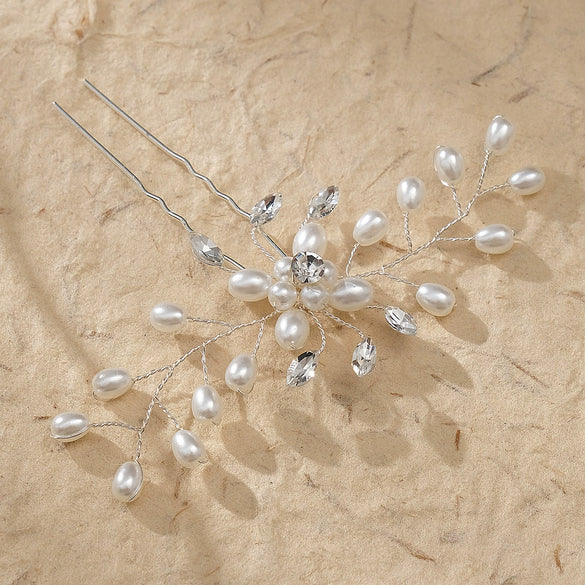 Handmade Rhinestone And Pearl Leaf U Shaped Hair Pin Bridal Wedding Hair Accessory