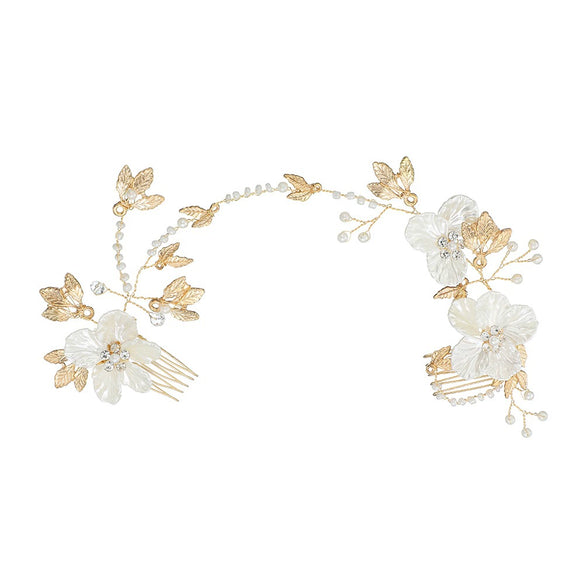 Handmade Rhinestone Bridal Hair Comb Pair With Shell Flower And Pearl Accents For Women