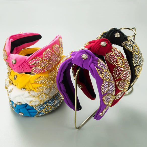 Handmade Rice Beads Flower Wide Headband Women's Hair Accessories