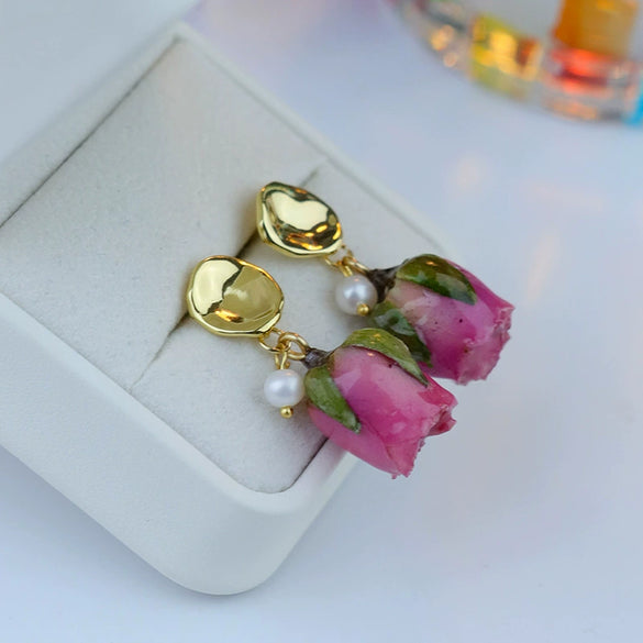 Handmade Rose Flower Electroplated Elegant Retro Earrings For Women