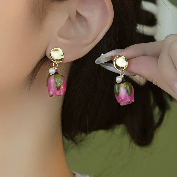 Handmade Rose Flower Electroplated Elegant Retro Earrings For Women