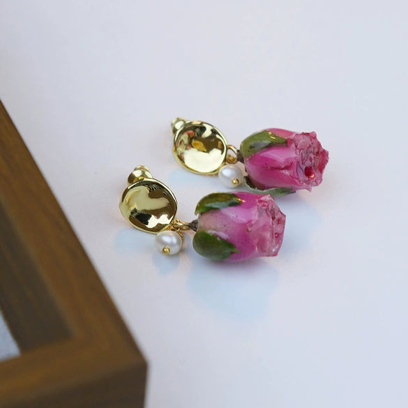 Handmade Rose Flower Electroplated Elegant Retro Earrings For Women