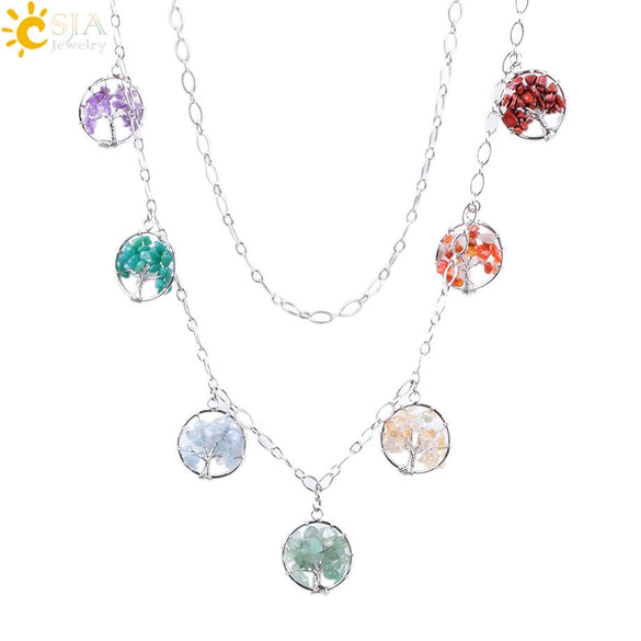 Handmade Round Hollow Tree Of Life Pendant Necklace With Colorful Stone Accents Long O Chain Sweater Necklace Personality Style
