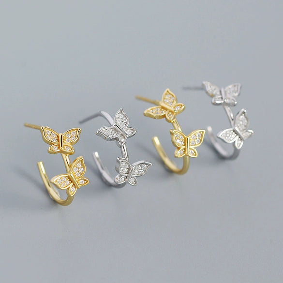 Handmade S925 Silver Cshaped Butterfly Earrings With Electroplating Animal Style