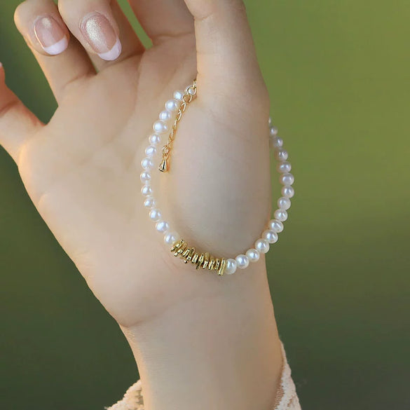Handmade Silver Natural Pearl Geometric Style Electroplating Bracelet For Women