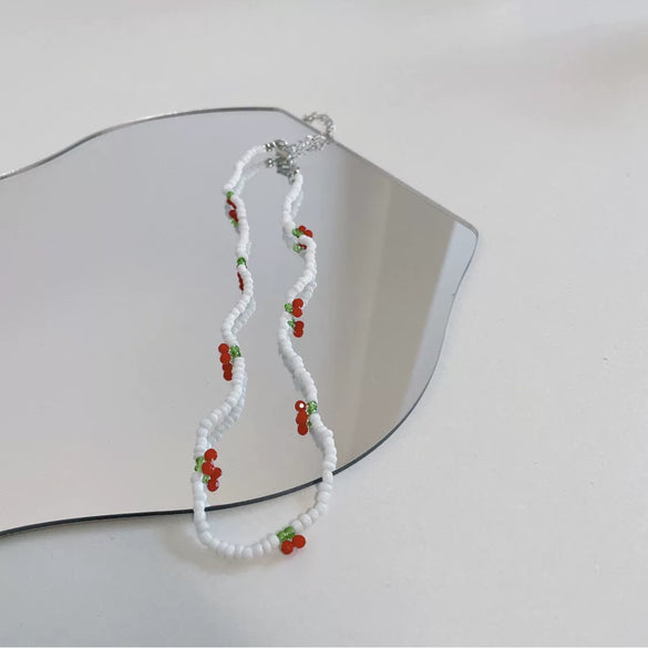 Handmade Small Fresh Cute Cherry Beaded Necklace And Bracelet With Artificial Crystal And Fruit Pattern For Women