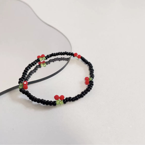 Handmade Small Fresh Cute Cherry Beaded Necklace And Bracelet With Artificial Crystal And Fruit Pattern For Women