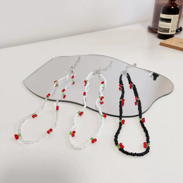 Handmade Small Fresh Cute Cherry Beaded Necklace And Bracelet With Artificial Crystal And Fruit Pattern For Women