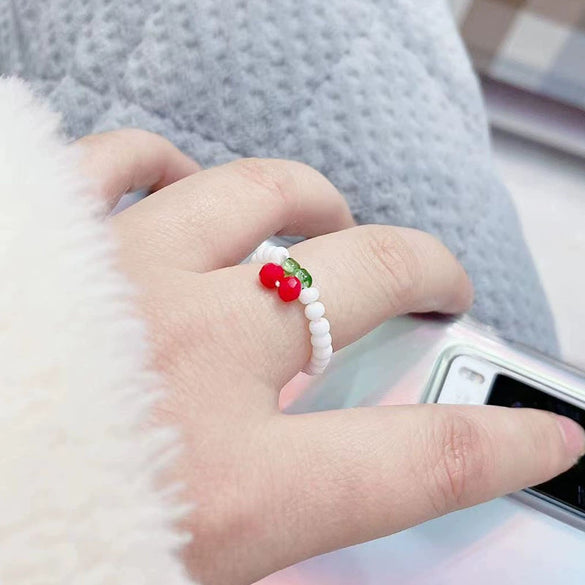 Handmade Small Fresh Cute Cherry Beaded Necklace And Bracelet With Artificial Crystal And Fruit Pattern For Women