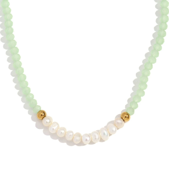 Handmade Stainless Steel And Fresh Water Pearl Necklace With Geometric Green Cut Crystal Pendant Electroplated For Women