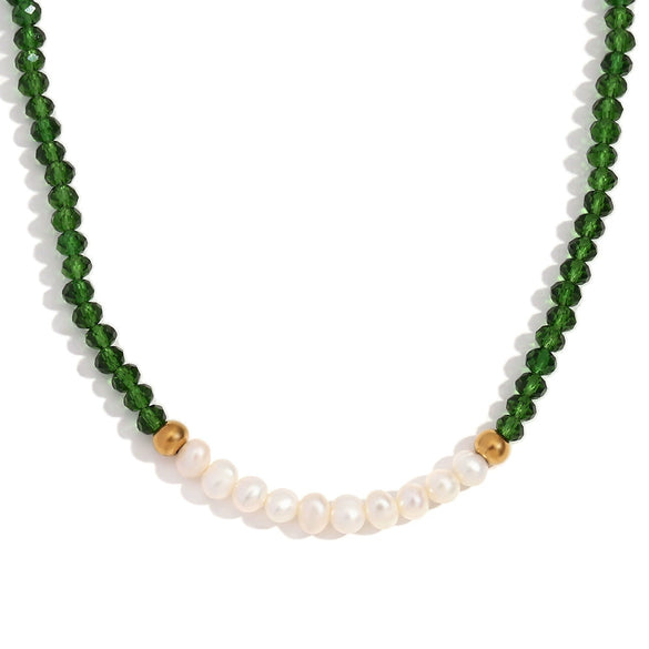 Handmade Stainless Steel And Fresh Water Pearl Necklace With Geometric Green Cut Crystal Pendant Electroplated For Women