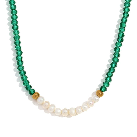 Handmade Stainless Steel And Fresh Water Pearl Necklace With Geometric Green Cut Crystal Pendant Electroplated For Women