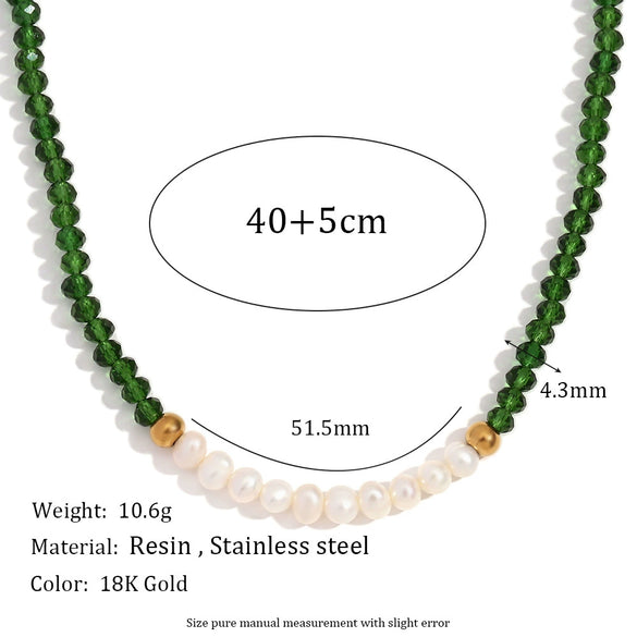Handmade Stainless Steel And Fresh Water Pearl Necklace With Geometric Green Cut Crystal Pendant Electroplated For Women