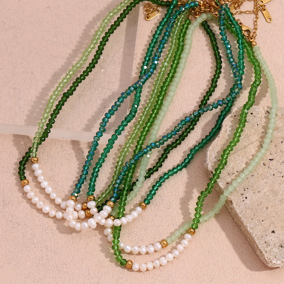Handmade Stainless Steel And Fresh Water Pearl Necklace With Geometric Green Cut Crystal Pendant Electroplated For Women