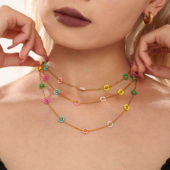 Handmade 316L Stainless Steel And Glazed Beads Jewelry Set With Imported Japanese Glass Beads Light Luxury Style Electroplated Necklace And Bracelet