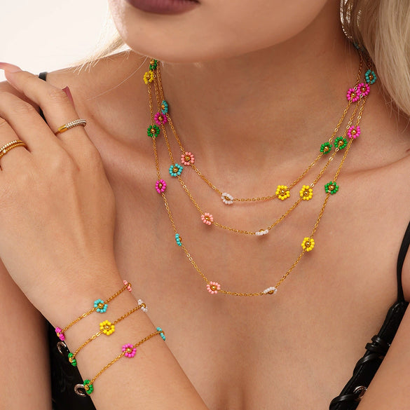 Handmade 316L Stainless Steel And Glazed Beads Jewelry Set With Imported Japanese Glass Beads Light Luxury Style Electroplated Necklace And Bracelet