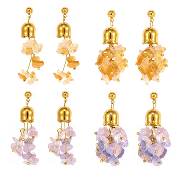 Handmade Stainless Steel And Natural Crystal Geometric Ferris Wheel And Lily Of The Valley Flower Electroplated Earrings For Women