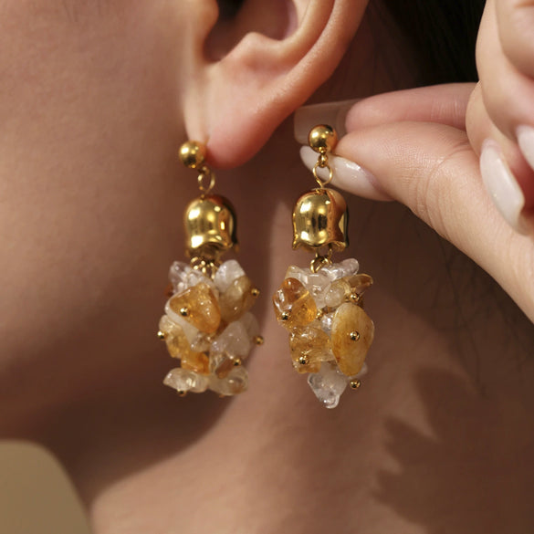 Handmade Stainless Steel And Natural Crystal Geometric Ferris Wheel And Lily Of The Valley Flower Electroplated Earrings For Women