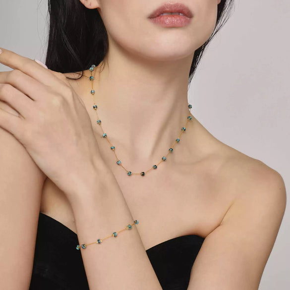 Handmade Stainless Steel And Titanium Steel Necklace Bracelet With Natural Blue And Green Stones Electroplated Decoration