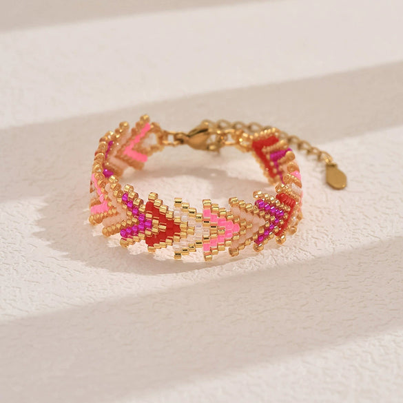 Handmade Stainless Steel Bracelet With Glass Glazed Rhombus Pattern Beads In Bohemian Style