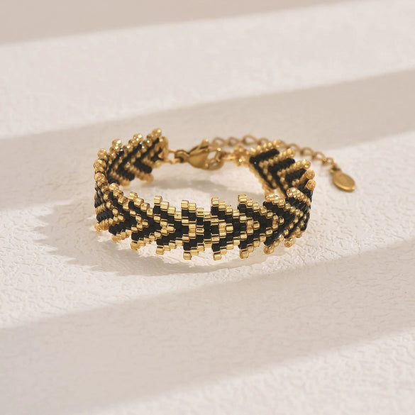 Handmade Stainless Steel Bracelet With Glass Glazed Rhombus Pattern Beads In Bohemian Style